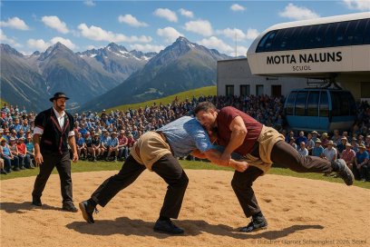 Eine Gruppe von Zuschauenden und zwei Kämpfer im Kantonalschwingfest