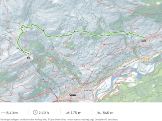 Karte vom Wanderweg 1 bei Scuol, Distanz 8,4 Kilometer, Dauer 2 Stunden 40 Minuten, Aufstieg 175 Meter, Abstieg 840 Meter
