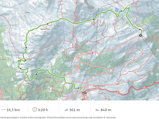 Karte vom Wanderweg 11 bei Scuol, Distanz 10,5 Kilometer, Dauer 3 Stunden 20 Minuten, Aufstieg 361 Meter, Abstieg 840 Meter