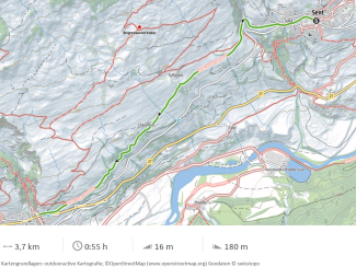 Karte vom Wanderweg 12 bei Scuol, Distanz 3,7 Kilometer, Dauer 55 Minuten, Aufstieg 16 Meter, Abstieg 180 Meter