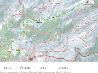 Karte vom Wanderweg 2 bei Scuol, Distanz 4,9 Kilometer, Dauer 1 Stunde 20 Minuten, Abstieg 488 Meter