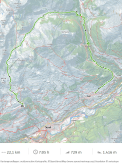 Karte vom Wanderweg 7 bei Scuol, Distanz 22,1 Kilometer, Dauer 7 Stunden 5 Minuten, Aufstieg 729 Meter, Abstieg 1416 Meter